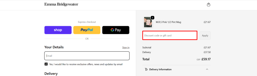 Applying a Emma Bridgewater promo code at checkout to save on your order