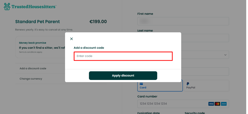 Add your TrustedHousesitters discount code to your membership fee