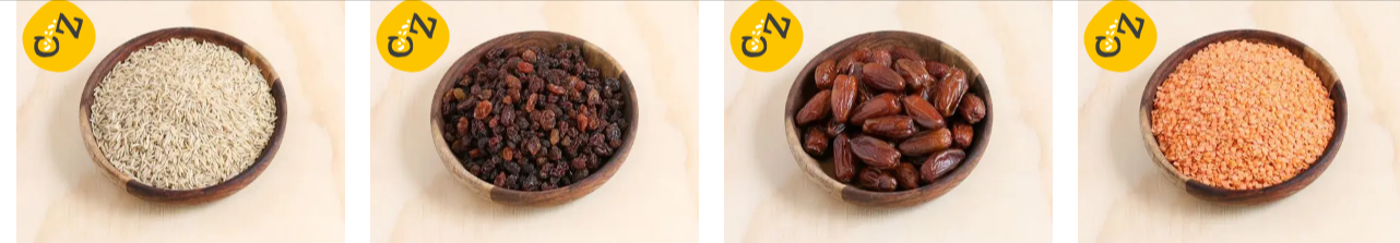 Abel & Cole recipe ingredients such as rice, lentils, dates, and rasins