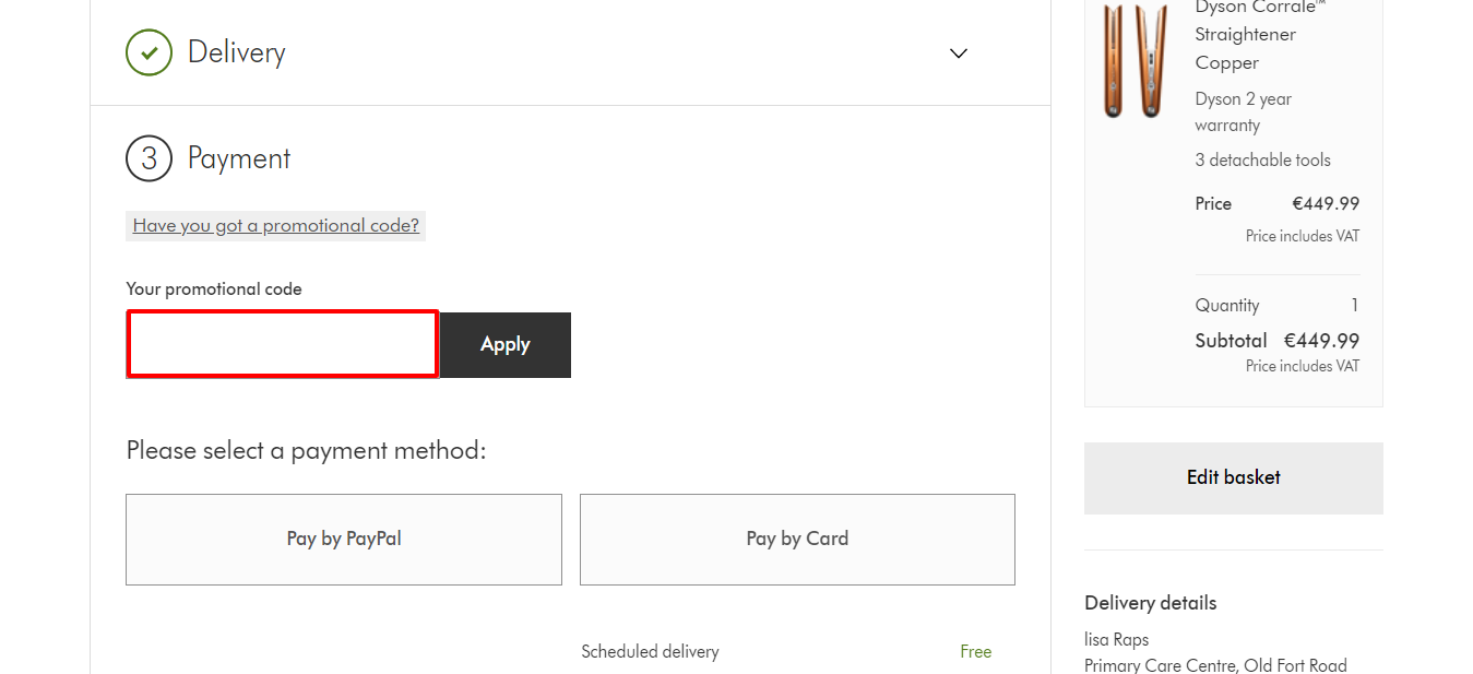 The Dyson checkout page with the discount code box highlighted in red