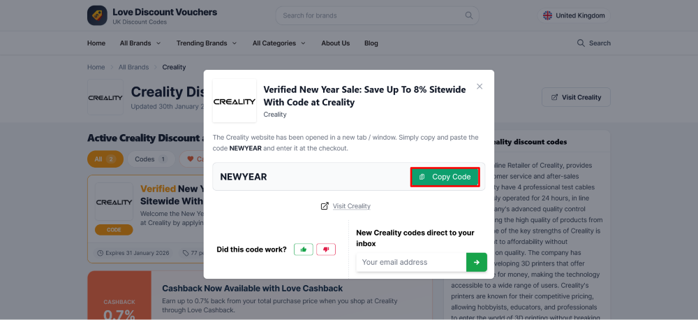 Creality Love Discount Vouchers page where a code is copied