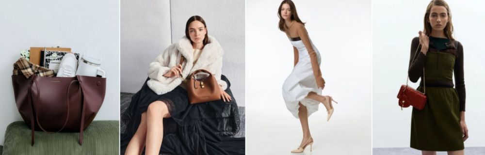 Charles and Keith handbags, heels, and accessories styled on models showcasing modern minimalist fashion collection.