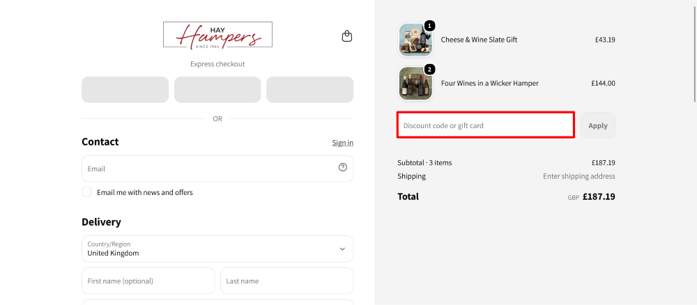 The checkout page for Hay Hampers, where you paste the code