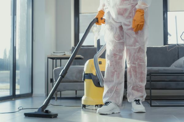A person in protective clothing cleaning the floor with a vaccum cleaner