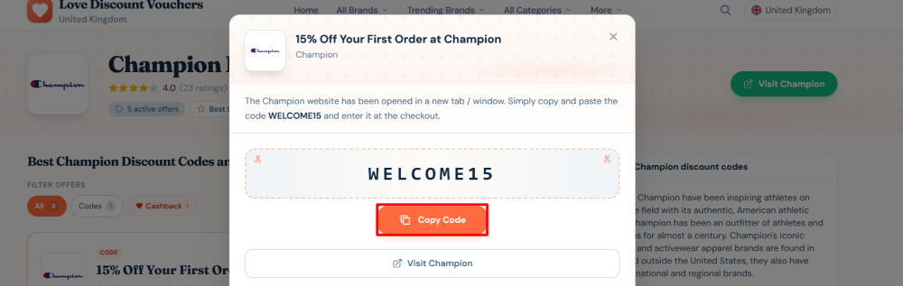 Champion page on Love Discount Vouchers showing how a code is copied