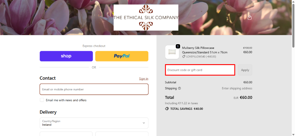 The Ethical Silk Company discount code place in the checkout process
