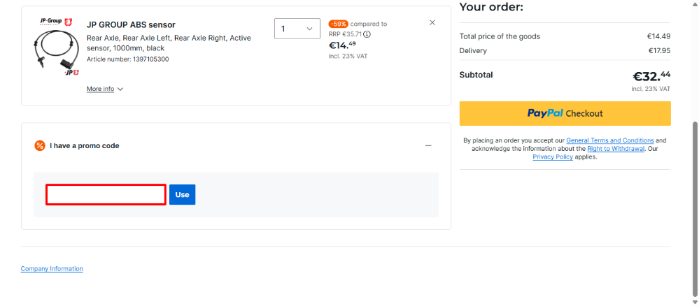 Autodoc discount code place highlighted by a red box