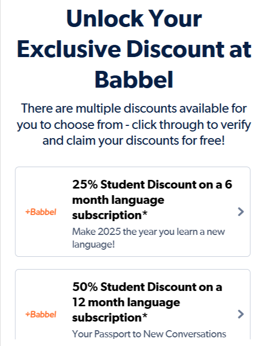 The Babbel student discount sign up page from the Babbel website