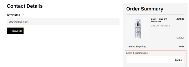 the Enter discount code box provided by Klira during checkout