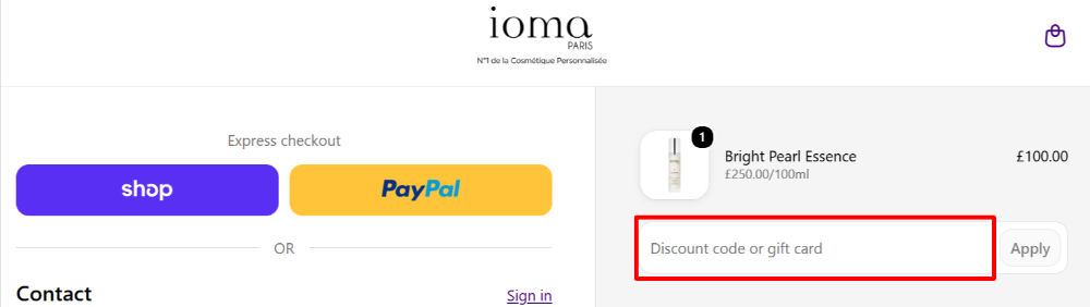 The checkout page showing a red highlited box where you apply your Ioma Paris voucher code