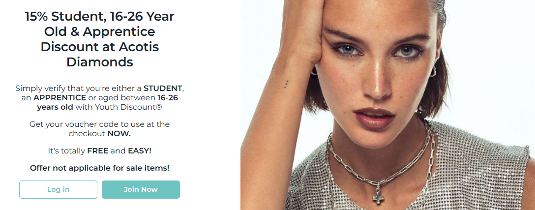 The Acotis Diamonds student discount sign up and verification page.