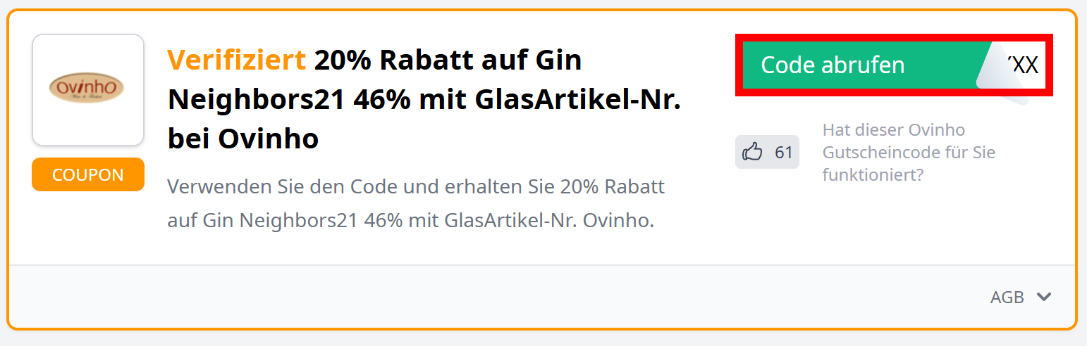 Angaben zu einem Gutschein von Ovinho mit einem rotmarkierten grünen Button