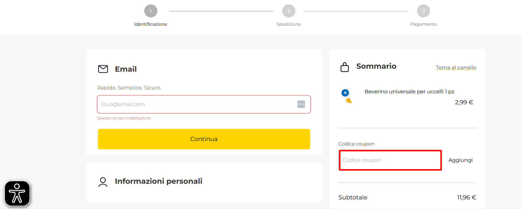 carrello virtuale della piattaforma ARCAPLANET dove poter inserire un coupon ARCAPLANET nell'apposito spazio