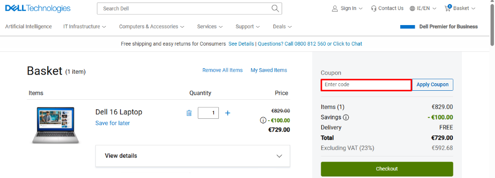 Dell discount code place in the shopping basket