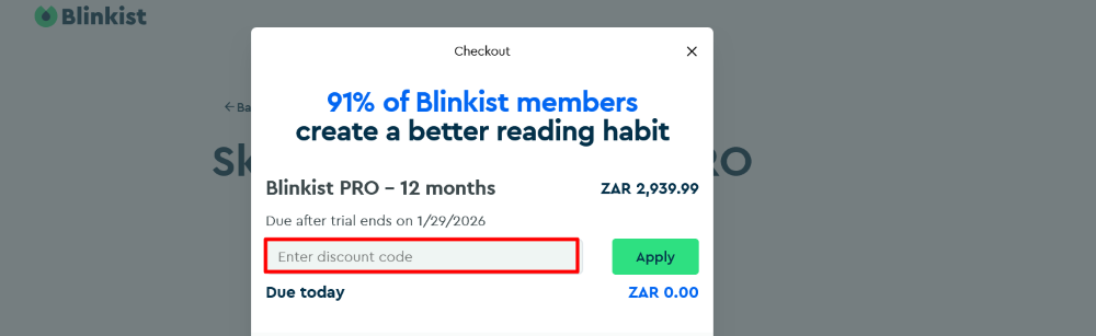Blinkist website checkout page where a code is pasted