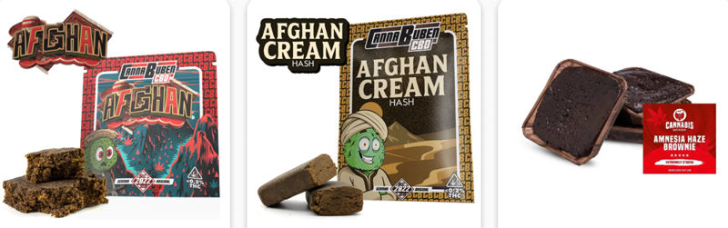 Drei essbare CBD-Kuchen Produkte mit ihrer Verpackung auf leerem Hintergrund