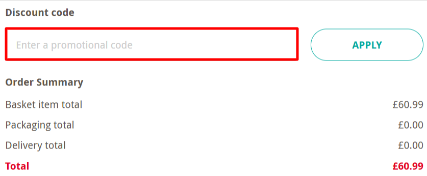 The Buyagift checkout page showing totals and the Buyagift discount code box.