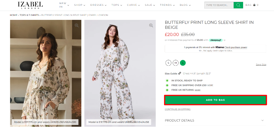 A Izabel London product description page with the “Add To Bag” button highlighted in a red box