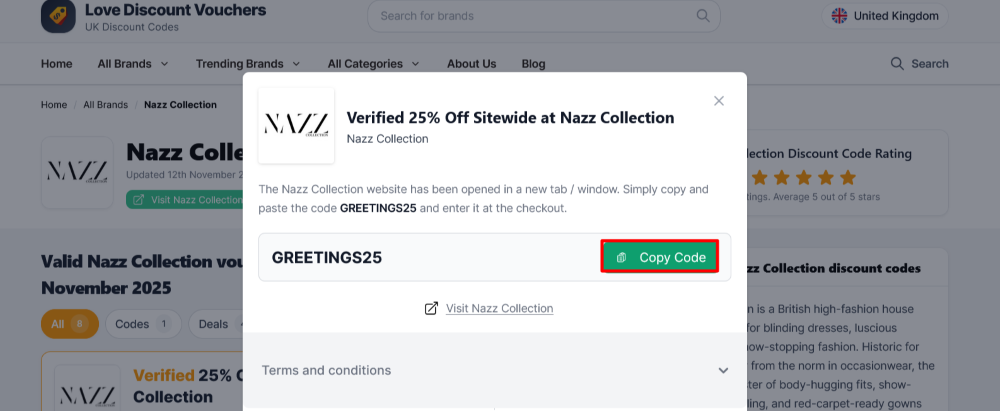The page where you copy a Nazz Collection code