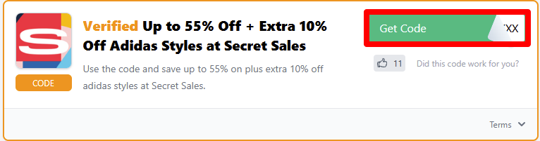 click 'get code' marked in red to reveal your redeemable discount code
