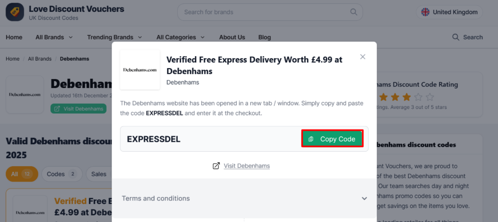 The Debenhams page on Love Discount Vouchers, where you get an offer highlighted in a red box 