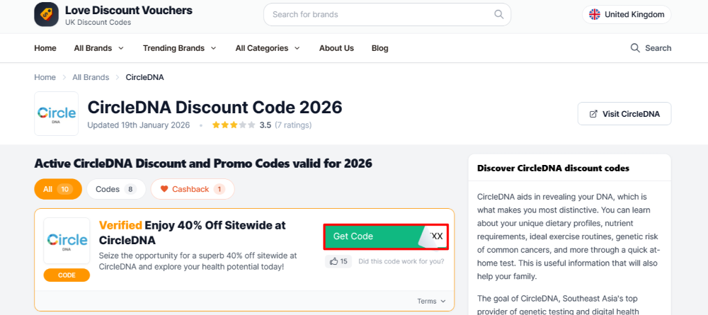 CircleDNA Love Discount Vouchers page where a code is copied.
