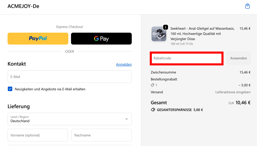 Checkout von AcmeJoy mit rotmarkiertem Eingabefeld für Gutscheine