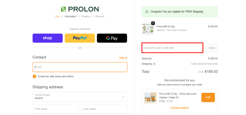 ProLon checkout where you can apply your ProLon discount code