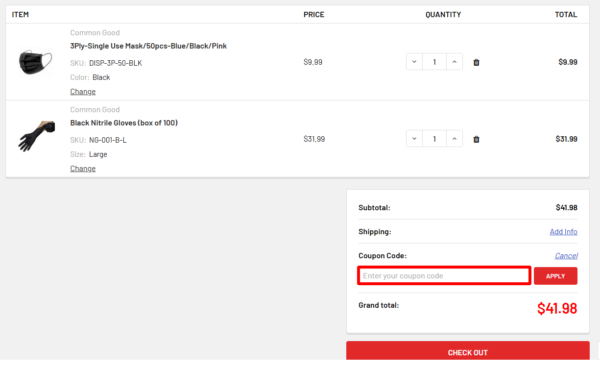 The CanMed Supply checkout page with where to paste the CanMed Supply promo code highlighted in a red box.