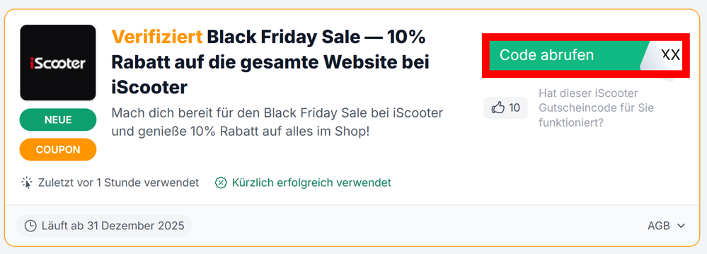 Angaben zu einem Gutschein von iScooter mit rotmarkierten grünen Button