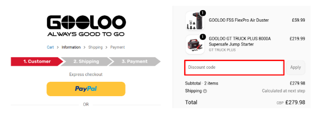 A box where you can add your GOOLOO voucher code to redeem it