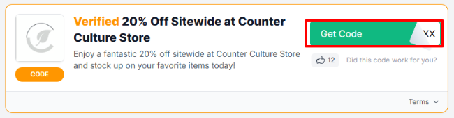 verified 20% discount offer with a unique code at Counter Culture Store