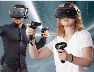 Two people using the HTC VIVE set bought in the refurbished section to engage in a game