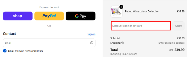 A box where you can add your Go Craft voucher code to redeem it