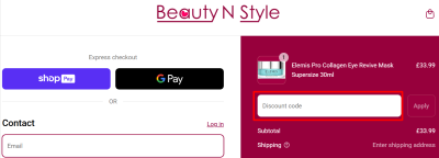 The checkout page showing where to apply your Beautynstyle voucher code