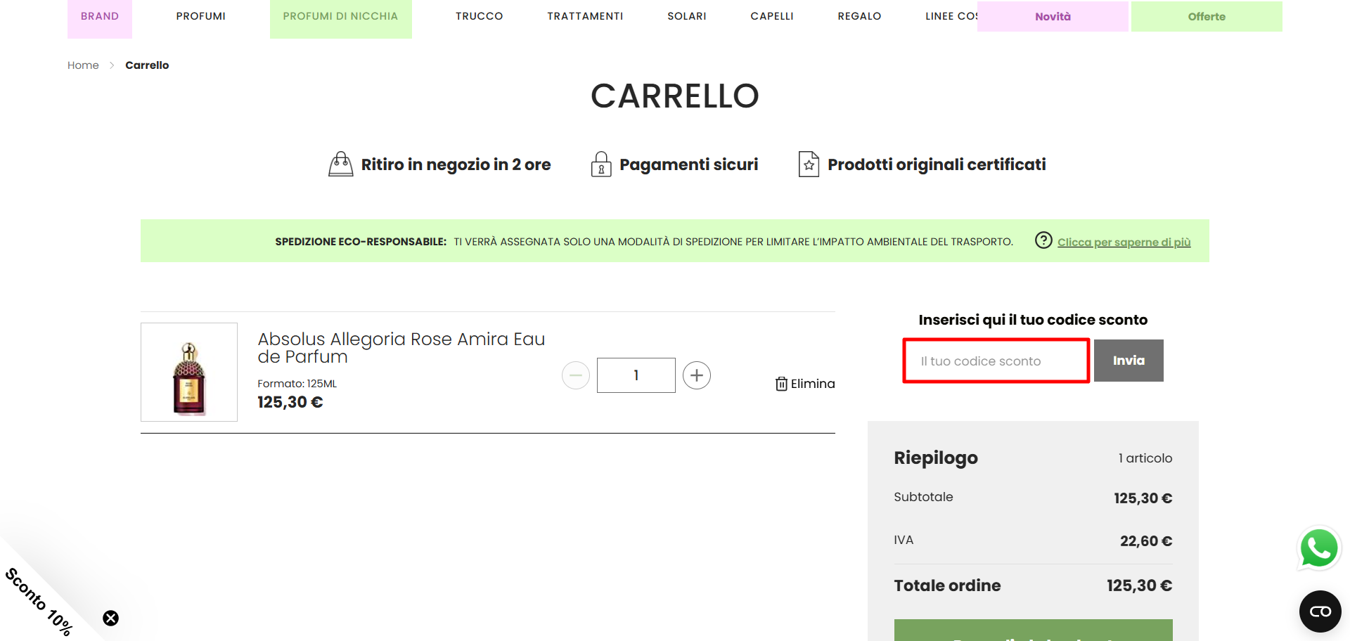 carrello del sito ufficiale Bontempo Profumi dove poter inserire il codice sconto Bontempo Profumi nel riquadro rosso