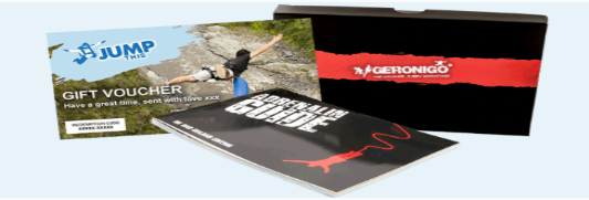 A gift voucher and adventure booklet for experience displayed on a light blue background