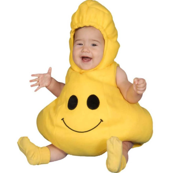 Best Halloween costumes for kids:  A baby wearing a yellow Friendly Little Smiley costume