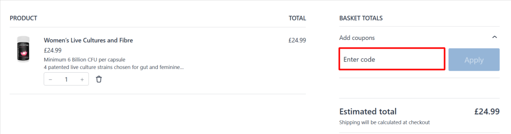 The order summary page with where to paste the Intelligent Labs voucher code in a red box