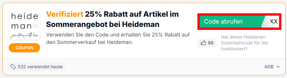 Angaben zu einem Rabattcode für Heideman auf der Love Coupons-Seite mit rotmarkiertem grünen Button
