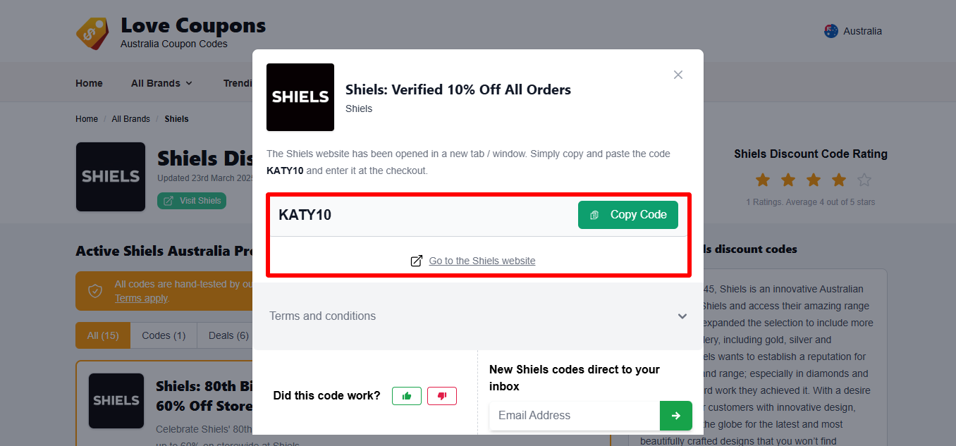 Love Coupons Shiels discount code that you can see highlighted by a red box