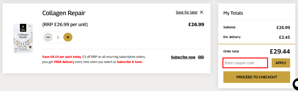 The Healthspan Elite checkout page with where to paste the Healthspan Elite voucher code in a red box