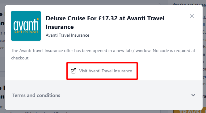 An Avanti Travel Insurance offer with "Visit Avanti Travel Insurance" in a red box.