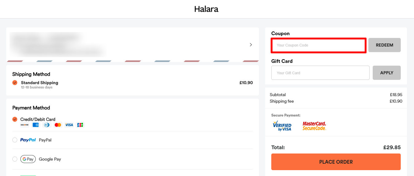 The Halara checkout page with where to post a Halara discount code highlighted in red.