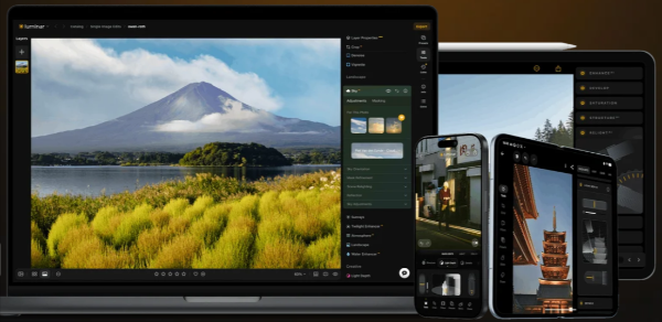 Multiple devices showing photo editing software with a landscape image of Mount Fuji