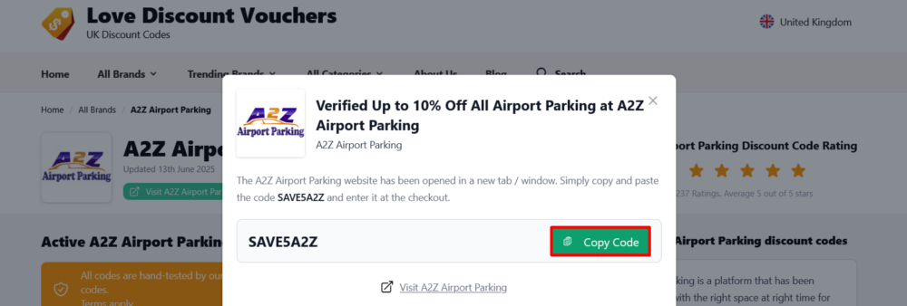 The page where you copy a A2Z Airport Parking code