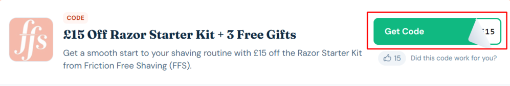 A Friction Free Shaving (FFS) voucher code with "Get Code" in a red box