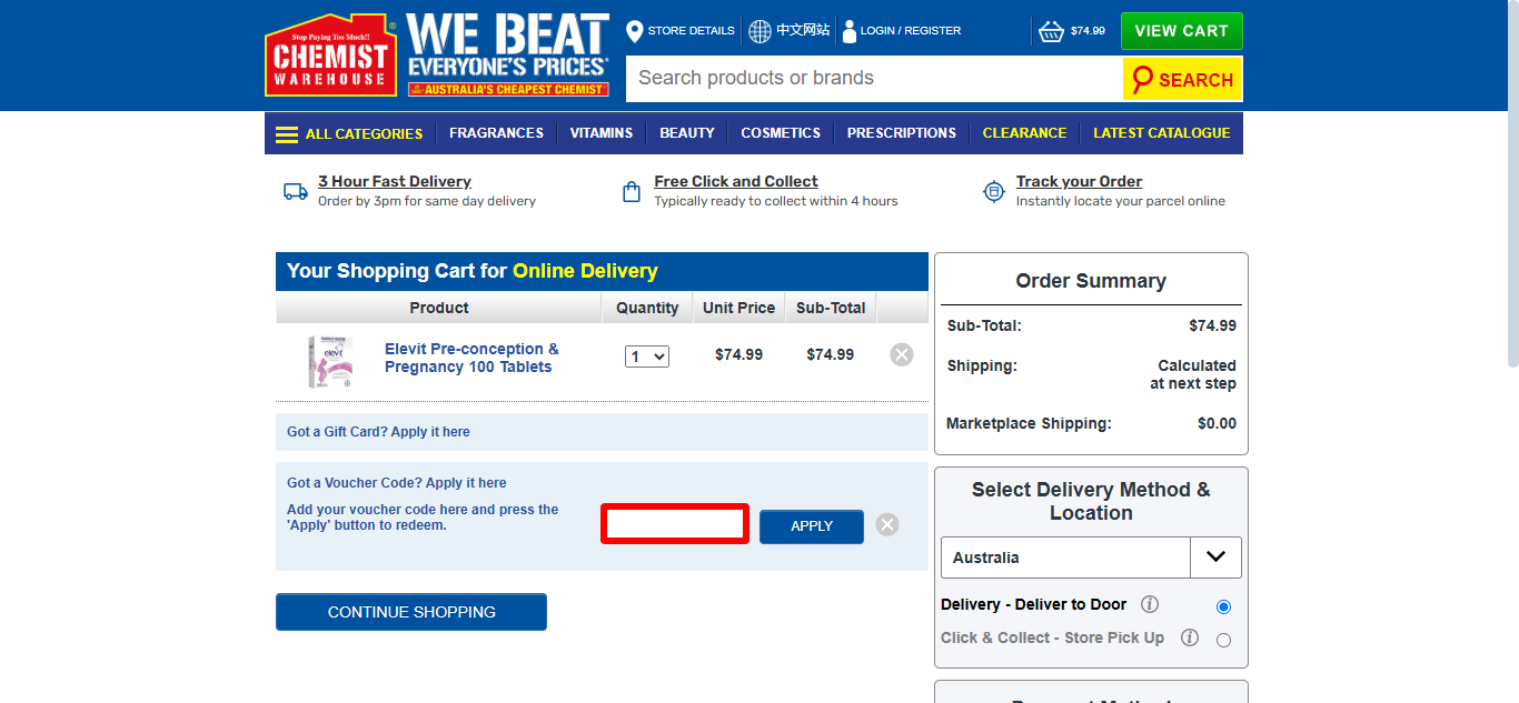 Chemist Warehouse's discount code place on their shopping cart page highlighted by a red box