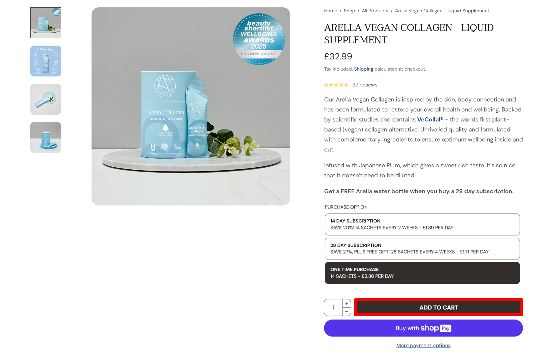 A Arella Beauty product description page with the “Add To Cart” button highlighted with a red box