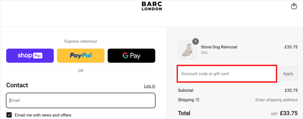 The checkout page showing where to apply your Barc London voucher code